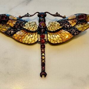 JOAN RIVERS VINTAGE SPARKLE ENAMEL MOSAIC FACETED CRYSTAL DRAGONFLY BROOCH PIN